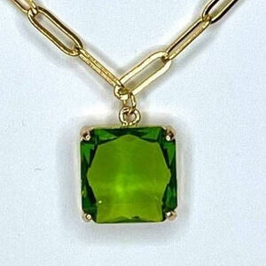NEW Paperclip Chain Necklace 16" 18" 20" Green Faceted Glass Pendant Trendy J183
